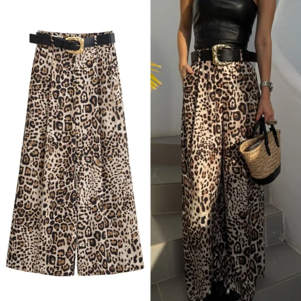 UNIZERA Leopard Satin with Belt High Waisted Trousers Wide Leg Pants Women’s Clothing 2025 Summer New Arrivals Casual Pants