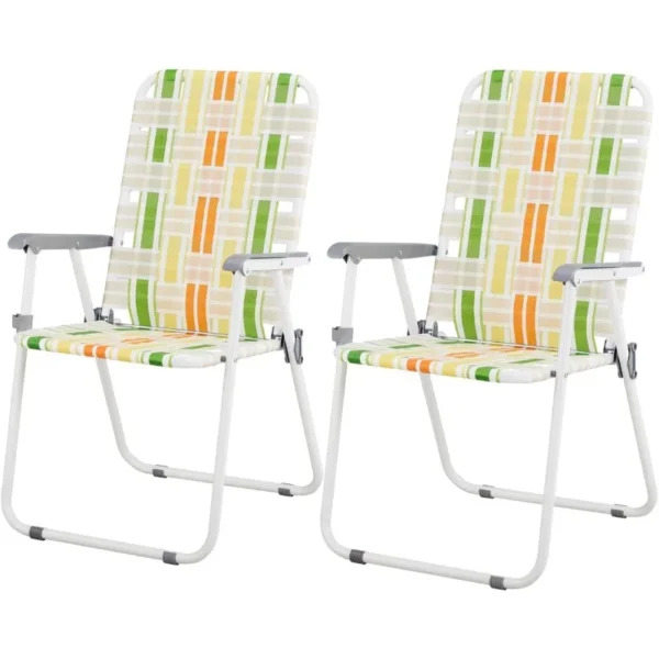 Webbed Lawn Chairs Set Of 2, Foldable Metal Patio Chairs Stable Steel Outdoor Chair For Camping, Fishing, Beach