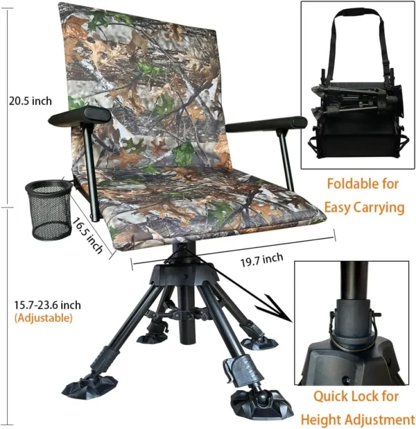 Silent Swivel Stable Portable Ground Folding Outdoor Camping Fishing Hunting Blind Chair Seat with Cover,4Legs Adjustable Height